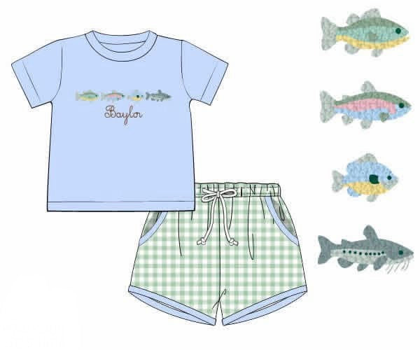 PO95 French Knot Fish Boy Short Set